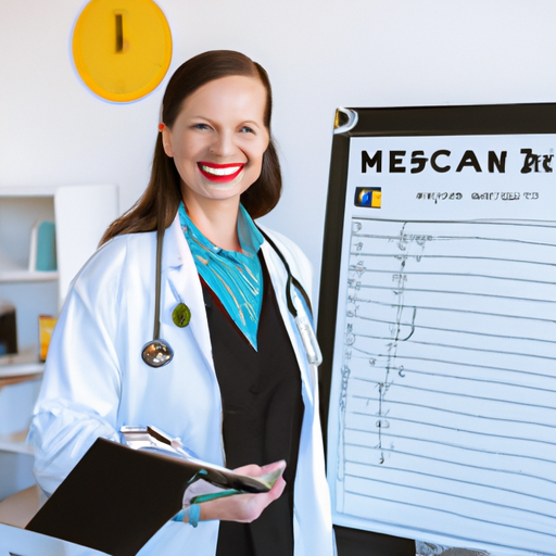 A smiling doctor with a stethoscope around her neck and a clipboard in her hand, standing in front of a whiteboard with a list of the benefits of a dermatology agency.